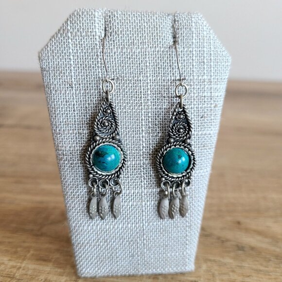 Silver gangling Israeli earrings with green Eilat stone. - Picture 2 of 5